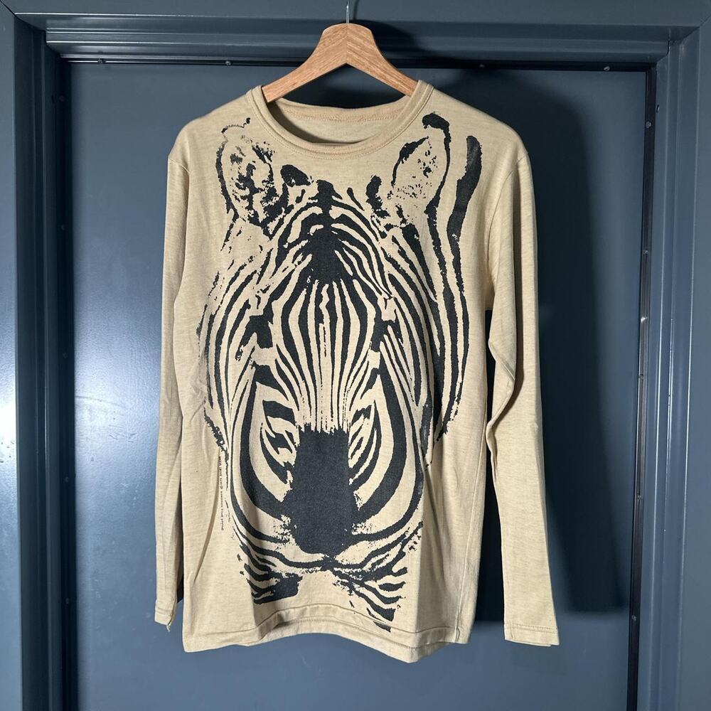 Vintage Tee Shirt 70s Cream Black Long Sleeve Zebra Print Size Small/Medium